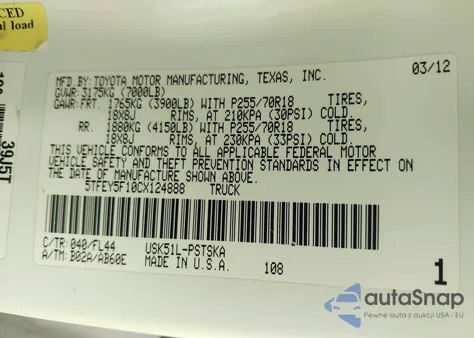 2012 Toyota Tundra Grade 5.7L V8 из США, поврежденный, VIN 5TFEY5F10CX124888